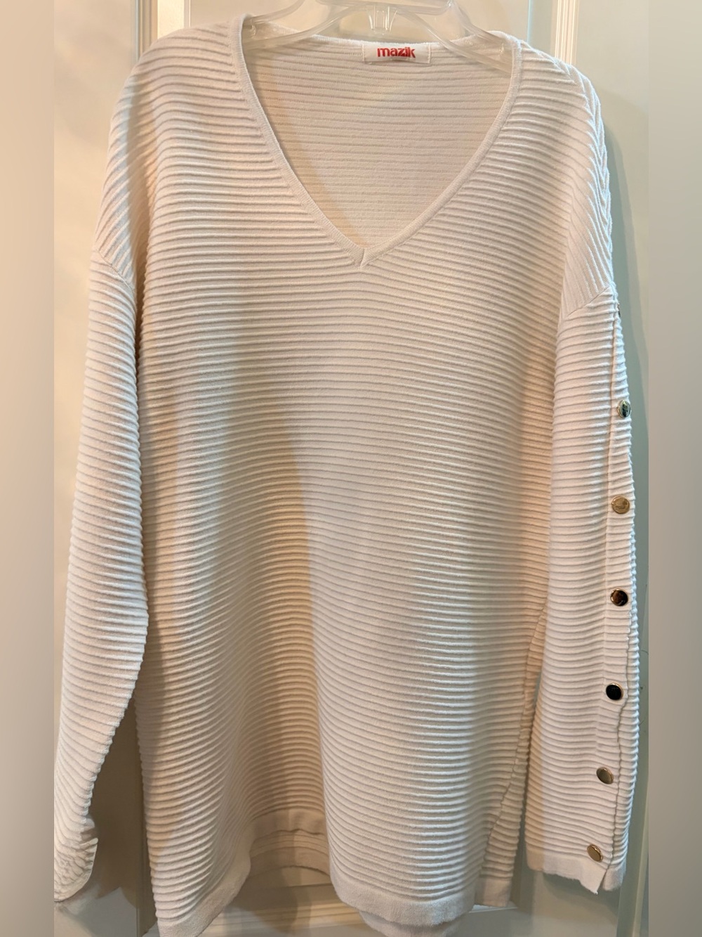 Mazik Women's Cream Ribbed V-Neck Button-Sleeve Sweater